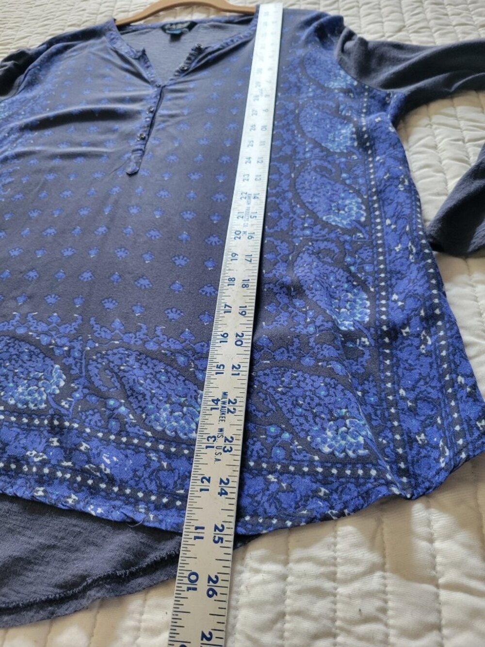 Lucky Brand Navy Paisley Print Henley Top Boho Long Sleeve Sz L - Picture 6 of 7
